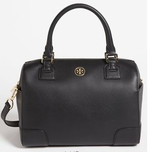 Black Leather Tory Burch Robinson Middy Satchel
